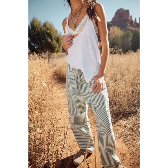 Free People Railroad Moxie Low-Slung Pull On Barrel In Green Stripe Size 28